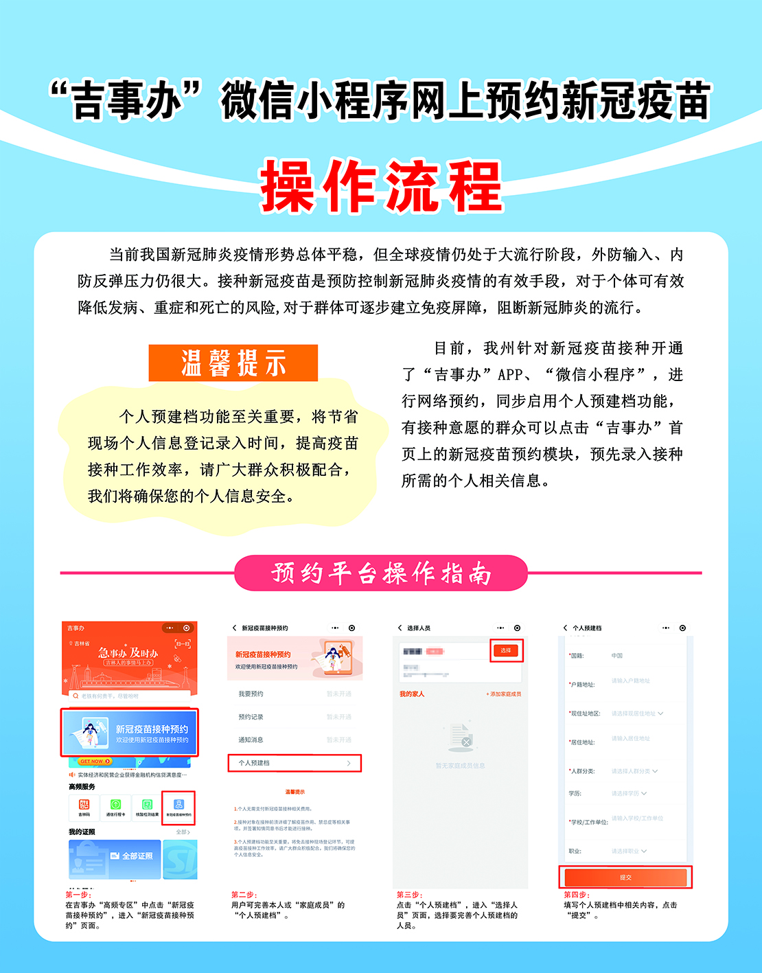 一图看懂"吉事办"微信小程序网上预约新冠疫苗操作流程